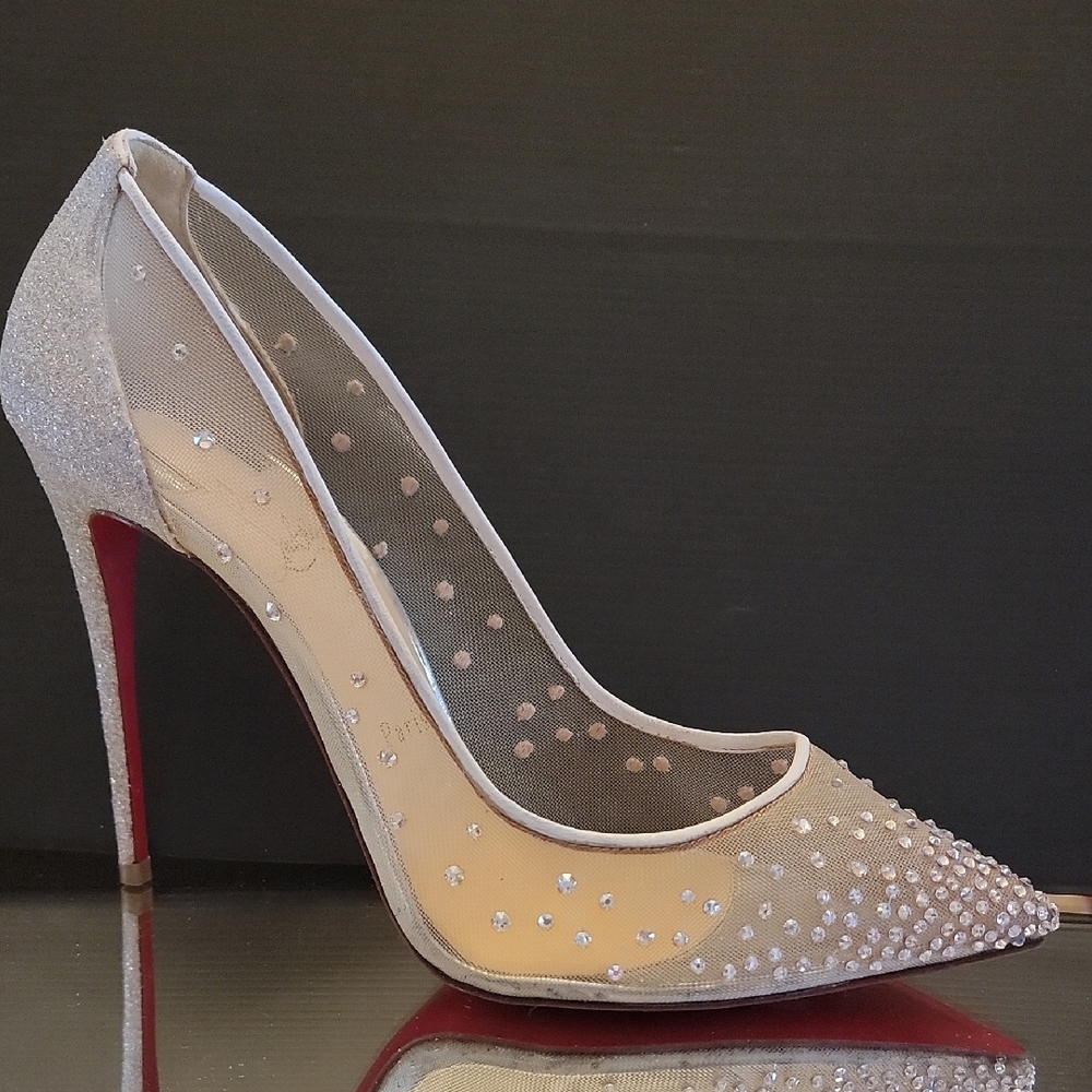 Christian Louboutin Follies Crystal Embellished Silver Pumps 100 Heel Sz38.5 - Picture 4 of 16